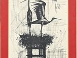 an image of a black and white drawing of a bird on top of a building