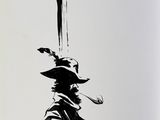 drawing of a man holding a sign on a pole with a bird on it