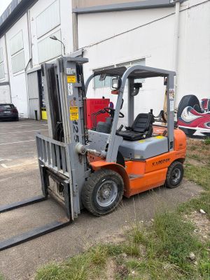 a fork lift truck parked in front of a building