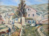 une image représentant une peinture d'une maison et d'un arbre dans un champ
