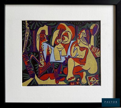 painting of a group of people playing instruments in a black frame