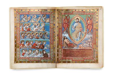 un livre ouvert avec une image de Jésus entouré d'anges et d'anges