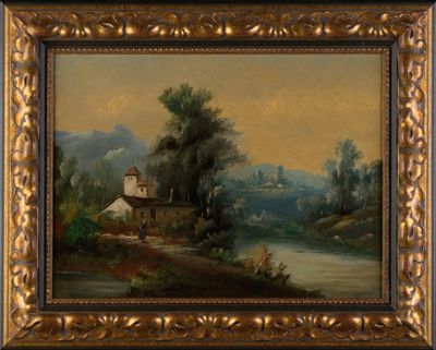 a painting of a river scene with a house and trees