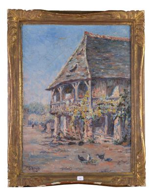 an oil painting of a building with a bird in front of it