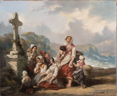 tableau représentant un groupe de personnes assises par terre près d'une croix
