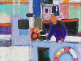 un tableau représentant un homme sur un bateau, muni d'un gilet de sauvetage