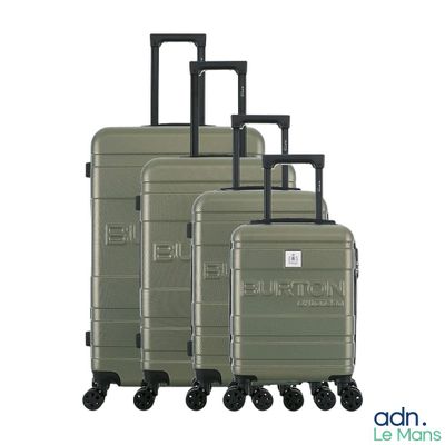 three pieces of luggage sitting on top of each other on a white surface