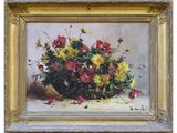 an oil painting of flowers in a vase on a table