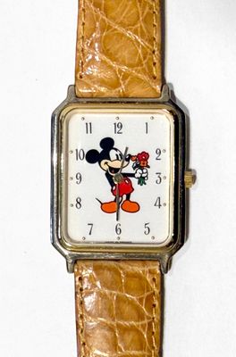 mickey mouse wrist watch with brown leather band and white face