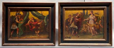 deux tableaux représentant un homme à cheval et une femme à cheval