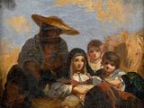 une image représentant un tableau où l'on voit un homme, deux enfants et un chien