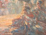 a painting of a woman sitting on the ground with other people