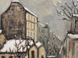 painting of a snowy street scene with a church and a couple of people walking in the snow