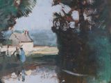 an image of a painting of people walking on a path next to a river