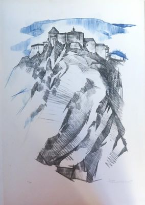 un dessin représentant un château au sommet d'une montagne