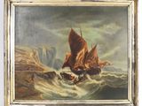 une peinture à l'huile représentant un bateau sur une mer agitée, avec une falaise en arrière-plan
