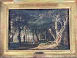 a painting of a man riding a horse in a wooded area