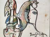 drawing of a woman with a bird on her head and a bird on her shoulder