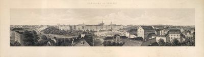 une vieille photo montrant une vue de la ville depuis une colline
