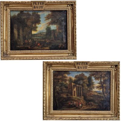 a pair of paintings depicting a landscape with figures in a wooded setting