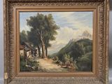 an oil painting of a mountain scene with a house and trees