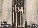drawing of a large building with a clock tower in the middle of a city