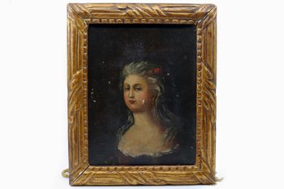 painting of a woman in a gold frame with a red flower in her hair