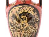 un vase avec une peinture sur une surface blanche