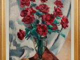 a painting of red roses in a vase on a table