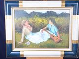 a painting of two people sitting in a field