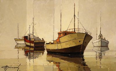 peinture d'un groupe de bateaux flottant sur un plan d'eau