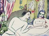 painting of a man and a woman in a bed in a room
