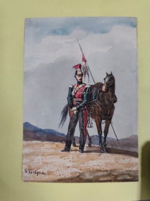 un tableau représentant un homme en uniforme debout à côté d'un cheval