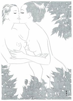 dessin représentant une femme et un enfant s'embrassant dans un jardin