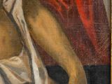 an oil painting of a woman in a white dress with a red scarf