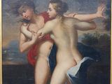 une peinture à l'huile représentant deux nus dans un paysage avec un ciel en arrière-plan