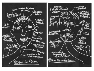 two black and white drawings of a man ' s face and a woman ' s face