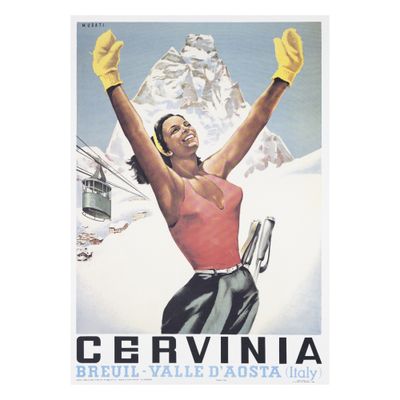 affiche représentant une femme en tenue de ski levant les bras en l'air, avec une montagne en arrière-plan