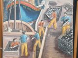 a painting of a group of men working on a boat