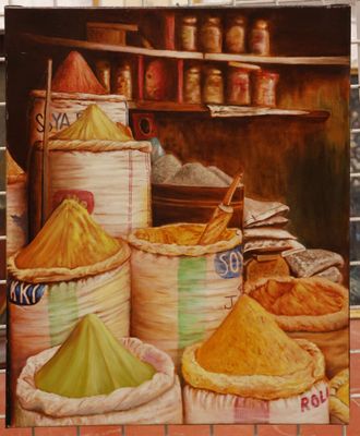 un tableau représentant des épices, exposé dans un magasin