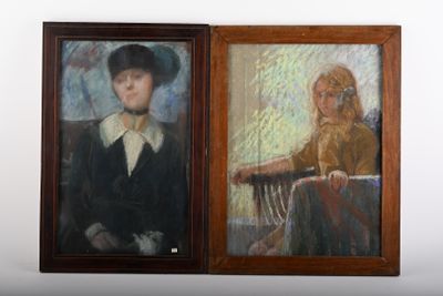 two paintings of a woman in a hat and a man in a suit