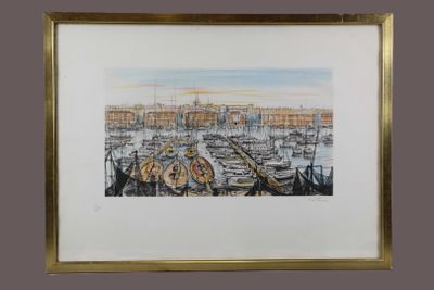 tableau représentant une scène portuaire avec des bateaux et des bâtiments en arrière-plan