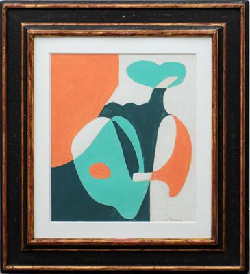 painting of a vase with a green and orange design in a black frame