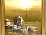 une peinture représentant un bateau dans l'eau près d'un quai