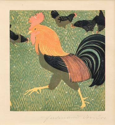 une photo d'une photo représentant un coq dans l'herbe