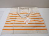 an orange and white striped tote bag with a tag on it