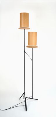 two lamps on a tripod stand with a lamp shade on top