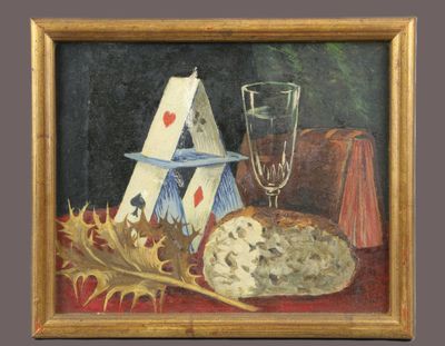 une image représentant un tableau sur lequel figurent un morceau de pain et un verre à vin posés sur une table