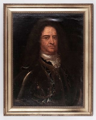 an old painting of a man in a black coat and white collar