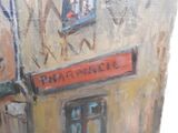 a painting of a building with a red sign on it